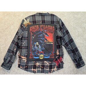 OOAK Upcycled Flannel Shacket Shirt Guns N Roses Skeleton Rock Band Boyfriend XL